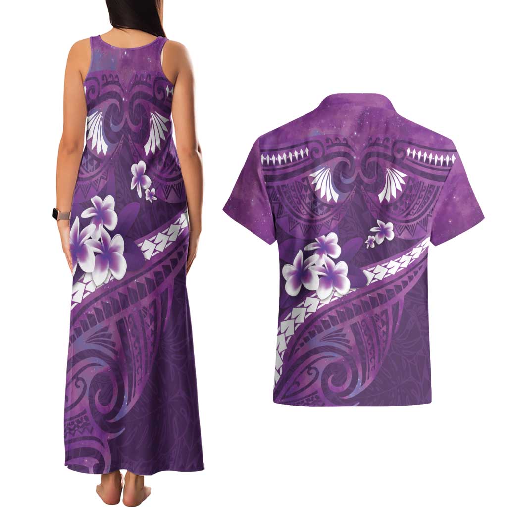 Purple Polynesia Couples Matching Tank Maxi Dress and Hawaiian Shirt Tribal Pattern Tropical Frangipani