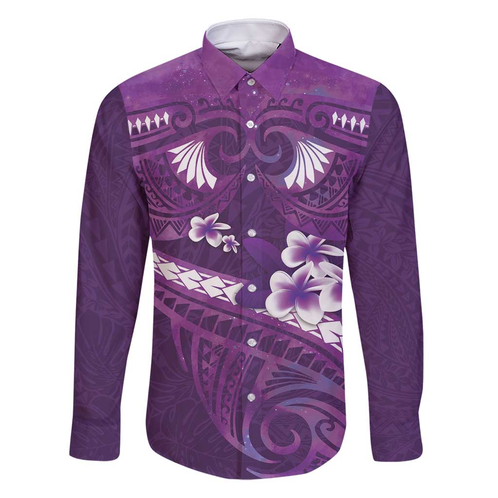 Purple Polynesia Family Matching Long Sleeve Bodycon Dress and Hawaiian Shirt Tribal Pattern Tropical Frangipani