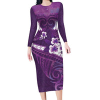 Purple Polynesia Family Matching Long Sleeve Bodycon Dress and Hawaiian Shirt Tribal Pattern Tropical Frangipani