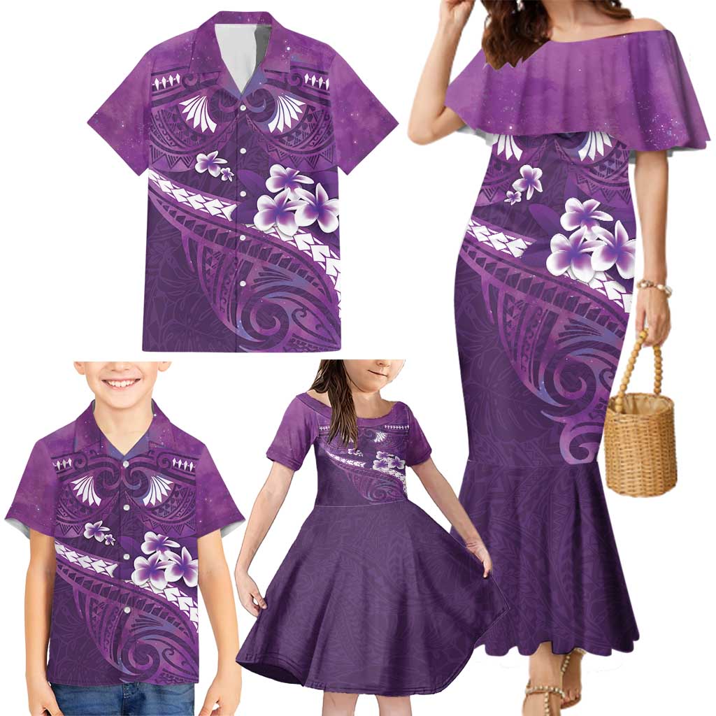 Purple Polynesia Family Matching Mermaid Dress and Hawaiian Shirt Tribal Pattern Tropical Frangipani