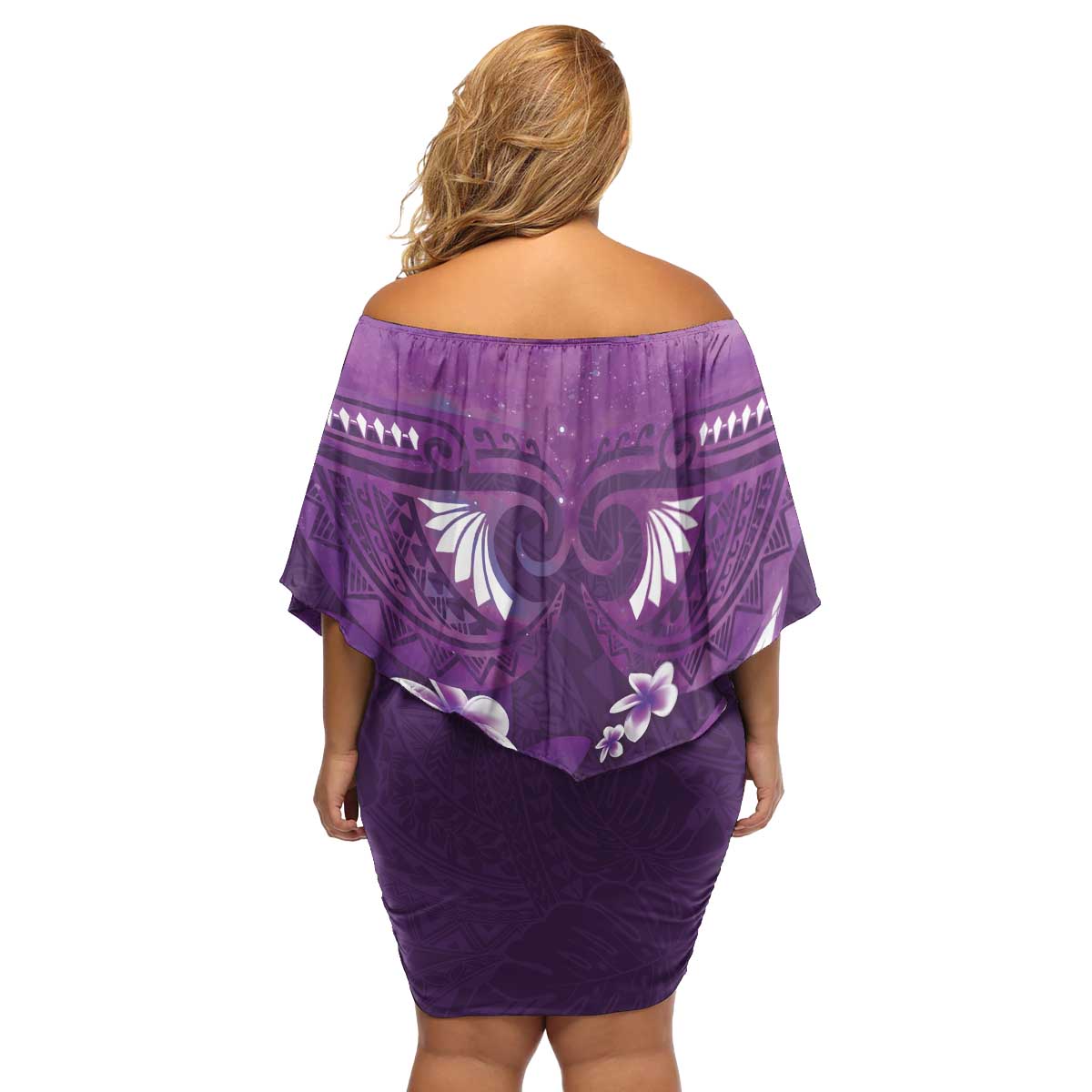 Purple Polynesia Family Matching Off Shoulder Short Dress and Hawaiian Shirt Tribal Pattern Tropical Frangipani