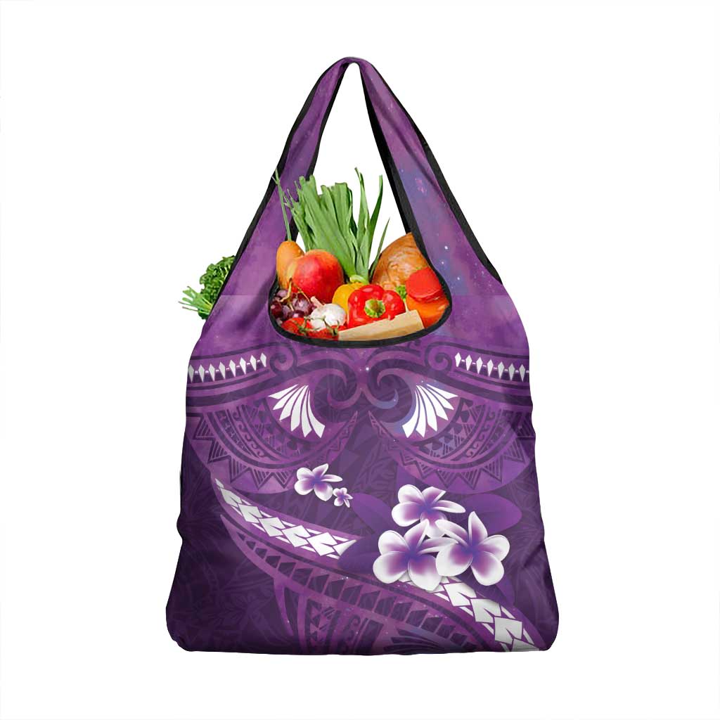 Purple Polynesia Grocery Bag Tribal Pattern Tropical Frangipani