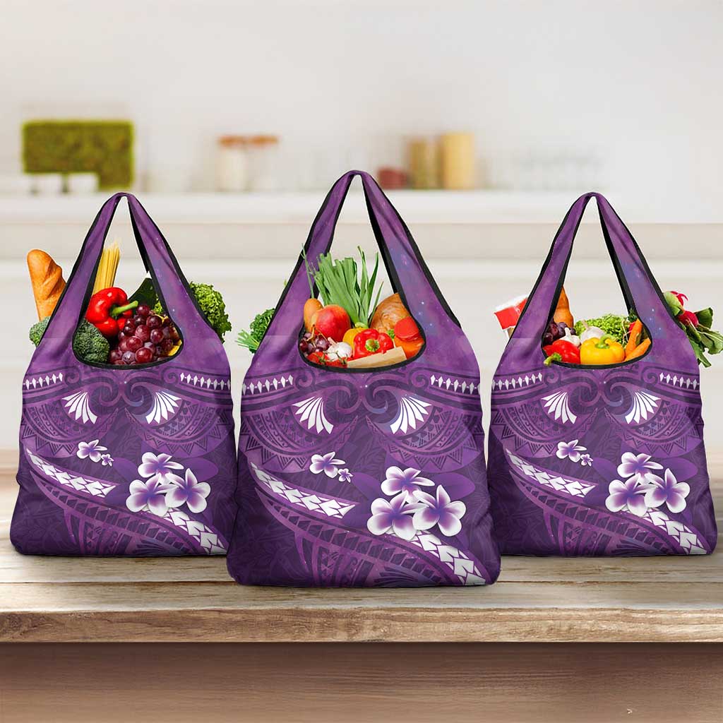 Purple Polynesia Grocery Bag Tribal Pattern Tropical Frangipani