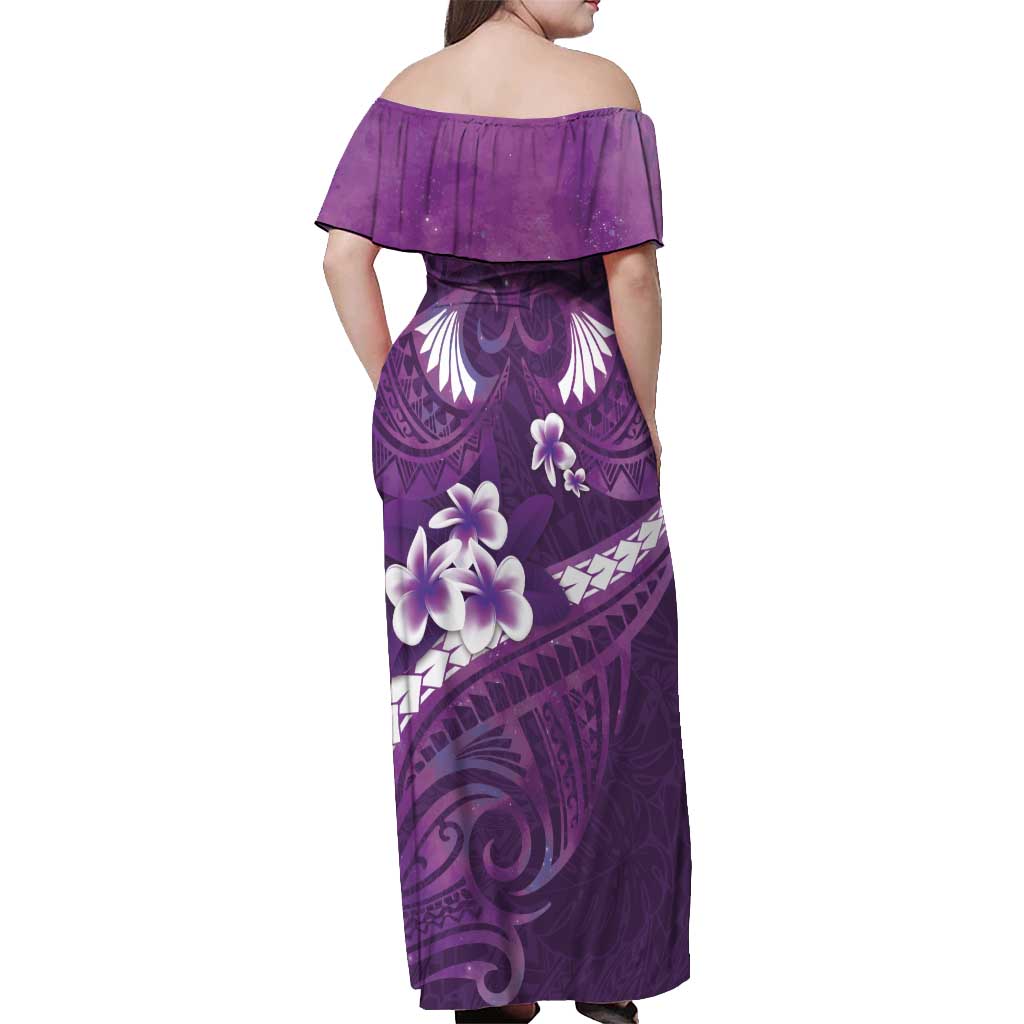 Purple Polynesia Off Shoulder Maxi Dress Tribal Pattern Tropical Frangipani