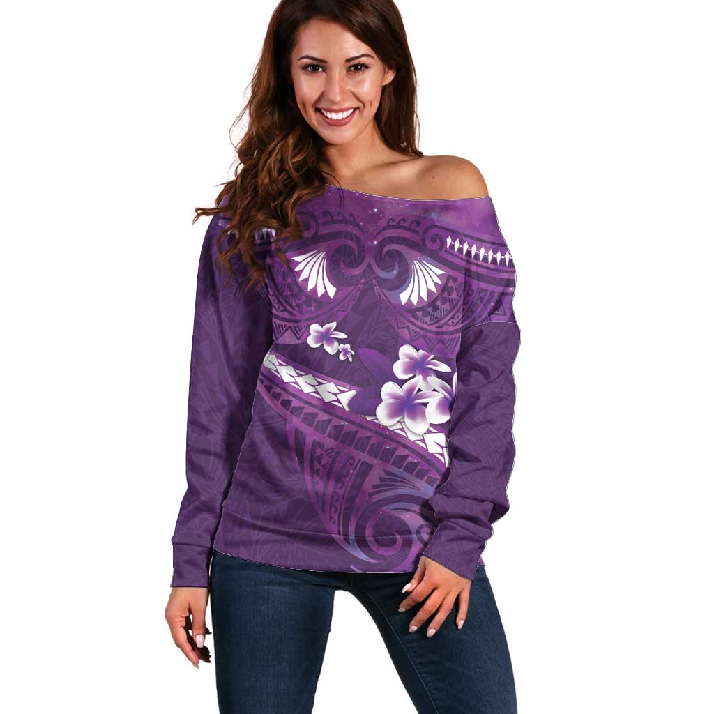 Purple Polynesia Off Shoulder Sweater Tribal Pattern Tropical Frangipani