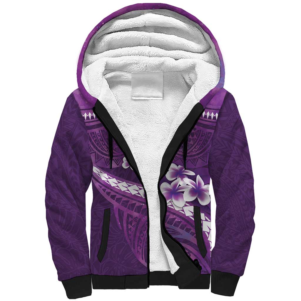 Purple Polynesia Sherpa Hoodie Tribal Pattern Tropical Frangipani