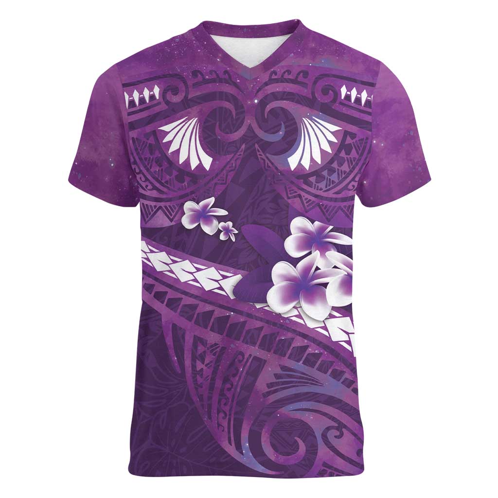 Purple Polynesia Women V-Neck T-Shirt Tribal Pattern Tropical Frangipani LT14 Female Purple - Polynesian Pride