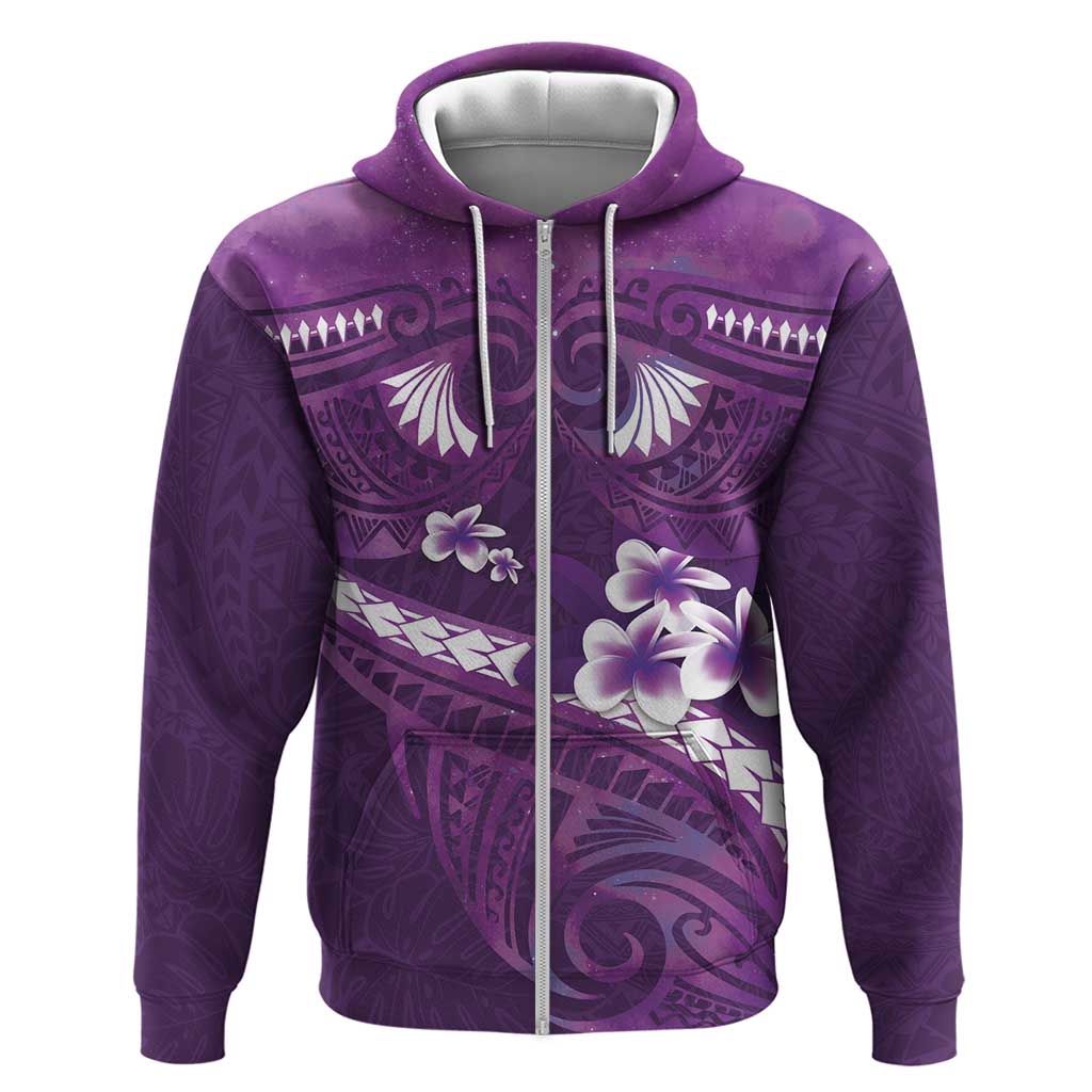 Purple Polynesia Zip Hoodie Tribal Pattern Tropical Frangipani