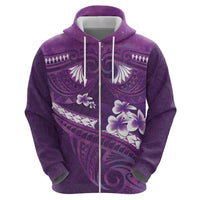 Purple Polynesia Zip Hoodie Tribal Pattern Tropical Frangipani