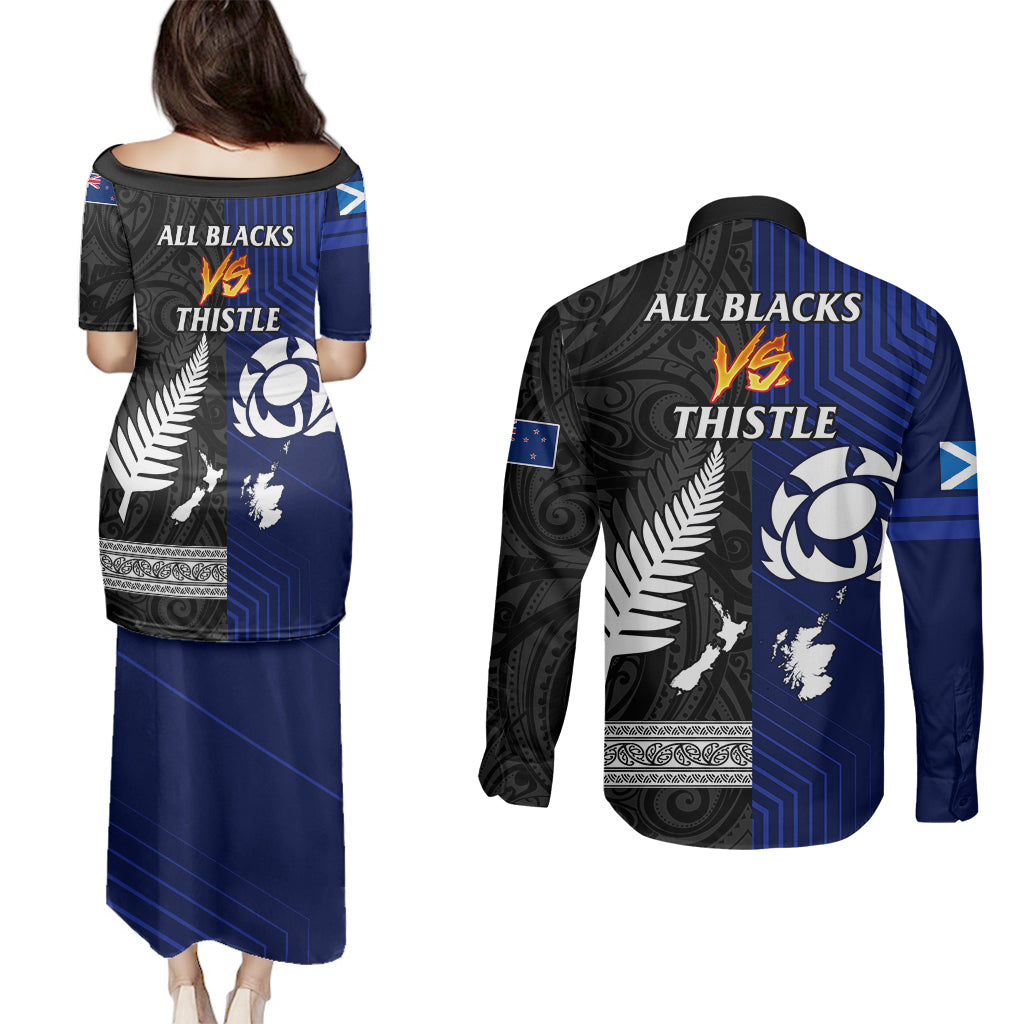 New Zealand and Scotland Rugby Couples Matching Puletasi Dress and Long Sleeve Button Shirts All Black Maori With Thistle Together LT14 - Polynesian Pride