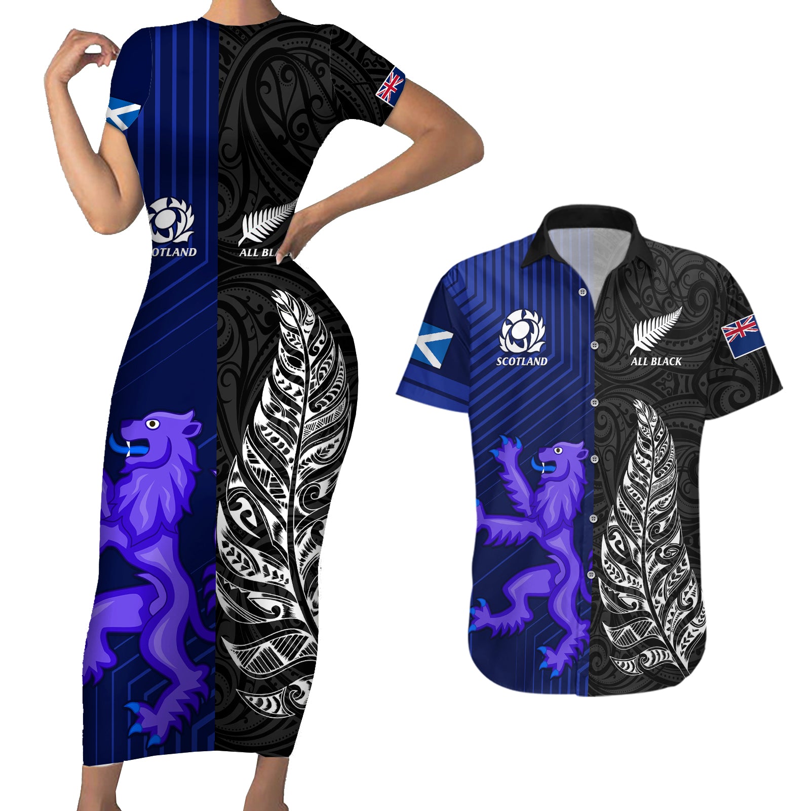 New Zealand and Scotland Rugby Couples Matching Short Sleeve Bodycon Dress and Hawaiian Shirt All Black Maori With Thistle Together LT14 Black - Polynesian Pride