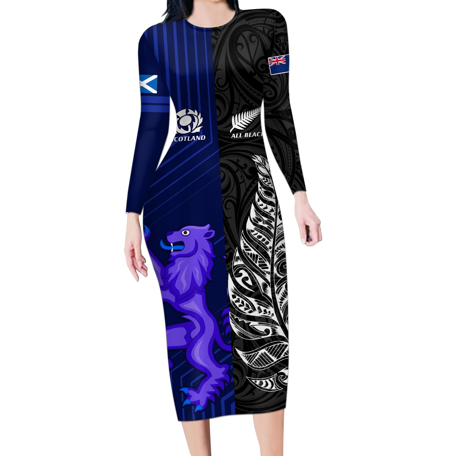 New Zealand and Scotland Rugby Long Sleeve Bodycon Dress All Black Maori With Thistle Together LT14 Long Dress Black - Polynesian Pride