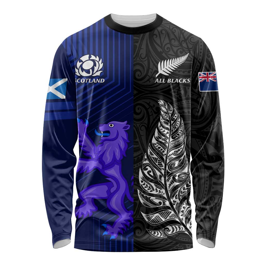New Zealand and Scotland Rugby Long Sleeve Shirt All Black Maori With Thistle Together LT14