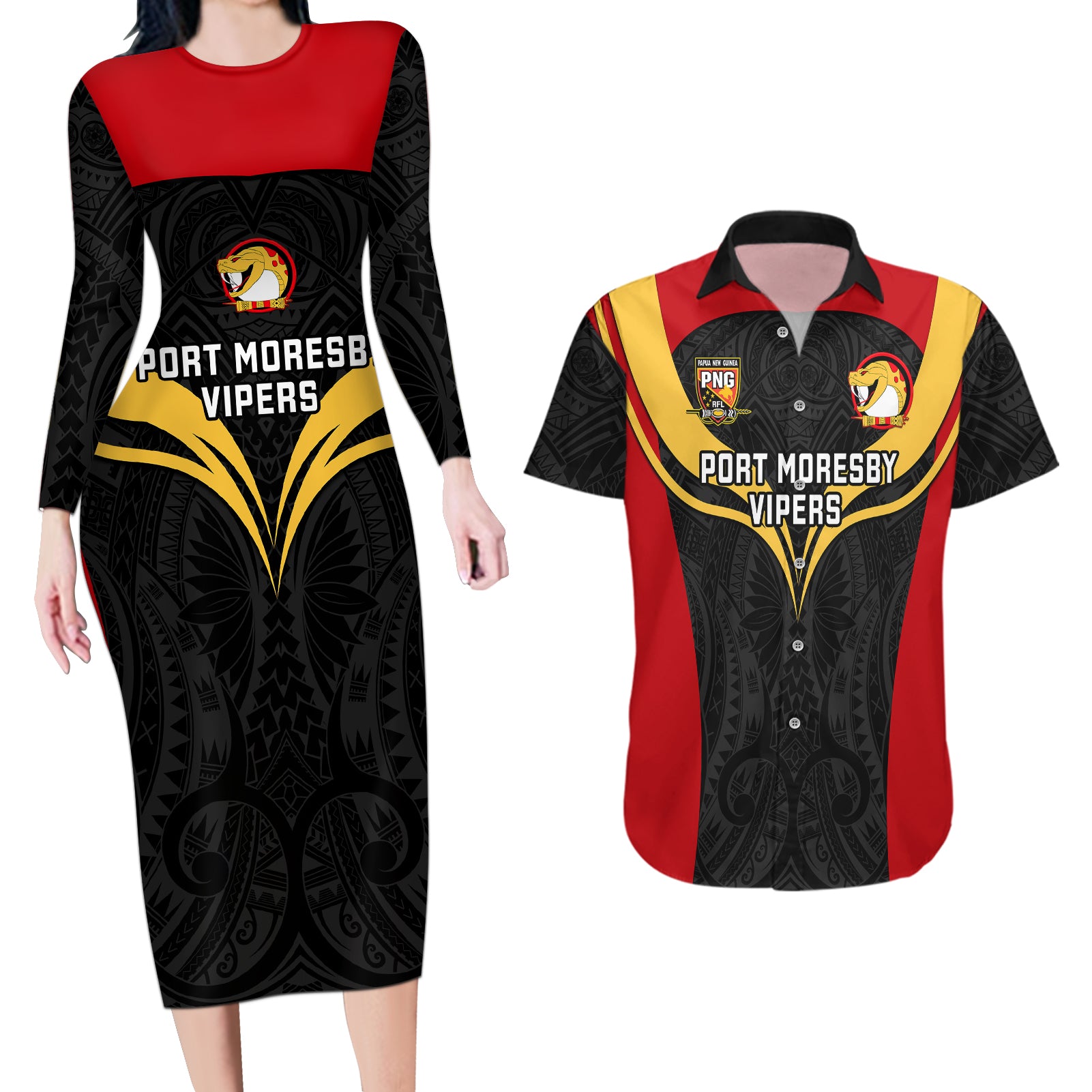 Papua New Guinea Rugby Couples Matching Long Sleeve Bodycon Dress and Hawaiian Shirt Port Moresby Vipers PNG Polynesian Pattern LT14 Black - Polynesian Pride