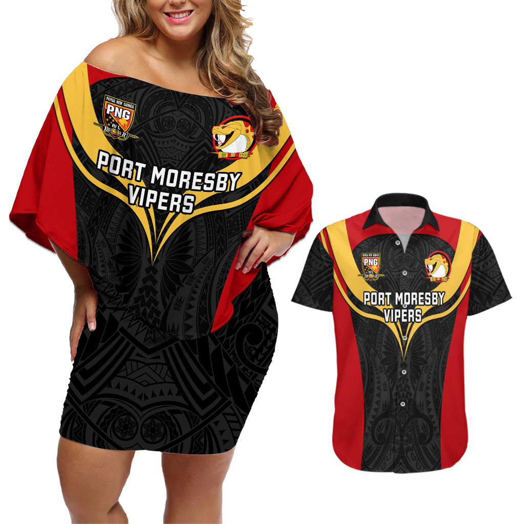 Papua New Guinea Rugby Couples Matching Off Shoulder Short Dress and Hawaiian Shirt Port Moresby Vipers PNG Polynesian Pattern LT14 Black - Polynesian Pride
