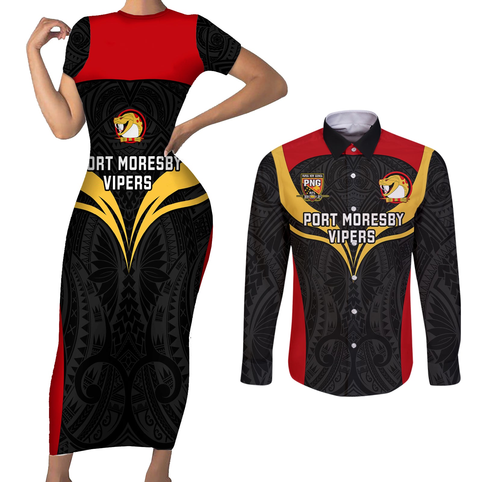 Papua New Guinea Rugby Couples Matching Short Sleeve Bodycon Dress and Long Sleeve Button Shirts Port Moresby Vipers PNG Polynesian Pattern LT14 Black - Polynesian Pride