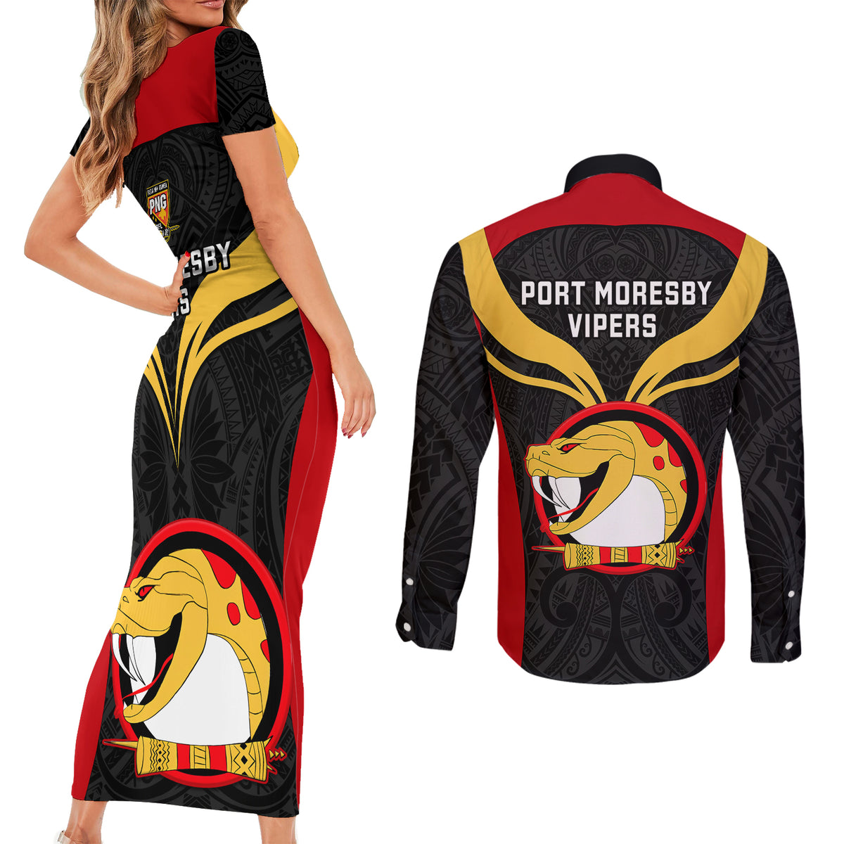Papua New Guinea Rugby Couples Matching Short Sleeve Bodycon Dress and Long Sleeve Button Shirts Port Moresby Vipers PNG Polynesian Pattern LT14 - Polynesian Pride