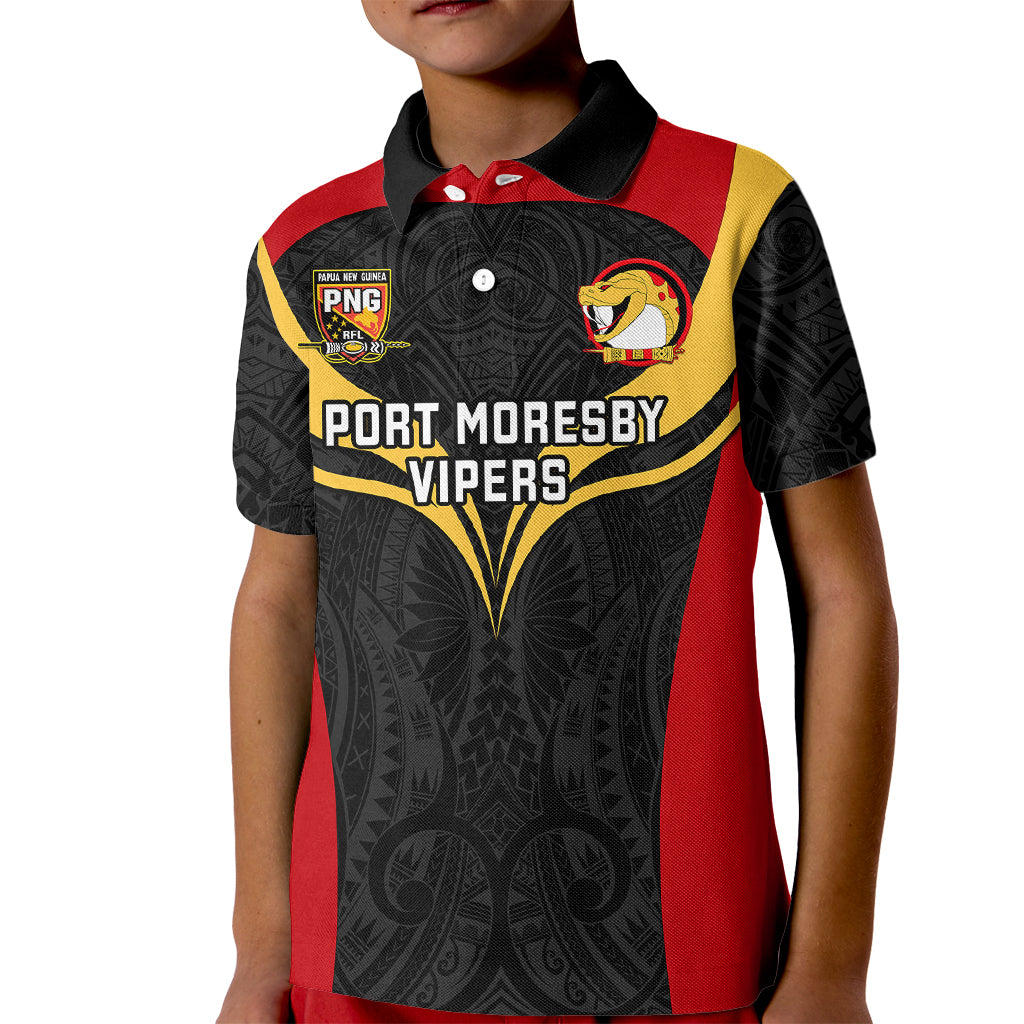 Papua New Guinea Rugby Kid Polo Shirt Port Moresby Vipers PNG Polynesian Pattern LT14 Kid Black - Polynesian Pride