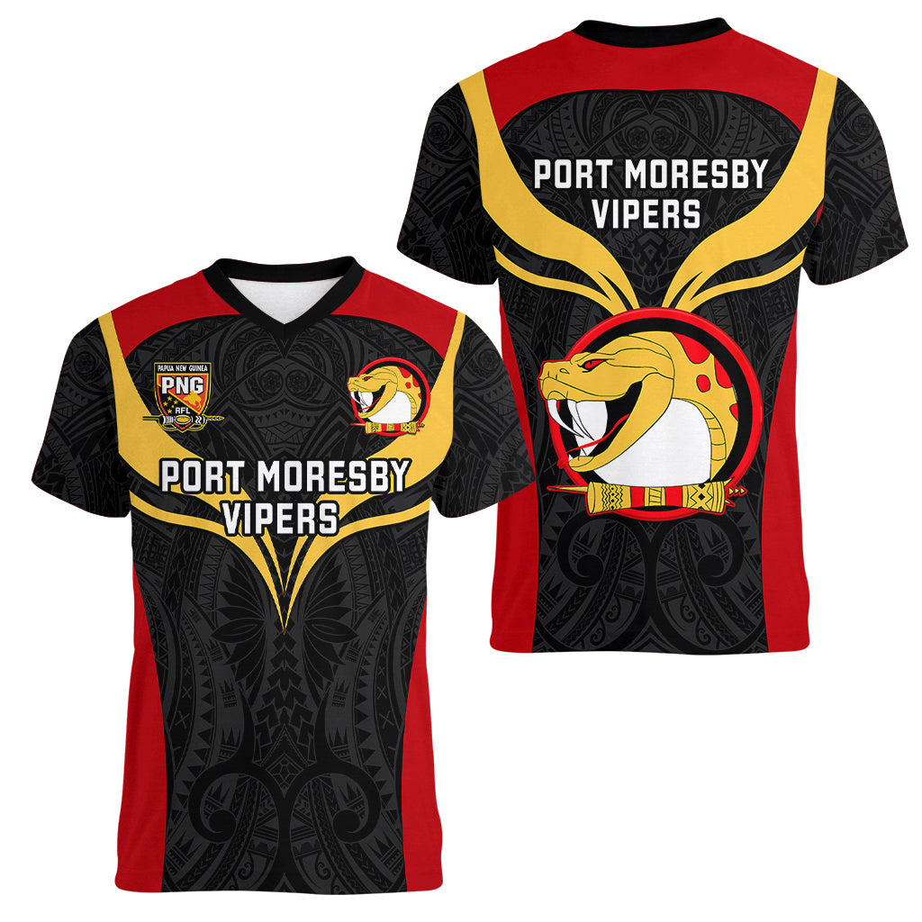 Papua New Guinea Rugby Women V Neck T Shirt Port Moresby Vipers PNG Polynesian Pattern LT14 - Polynesian Pride