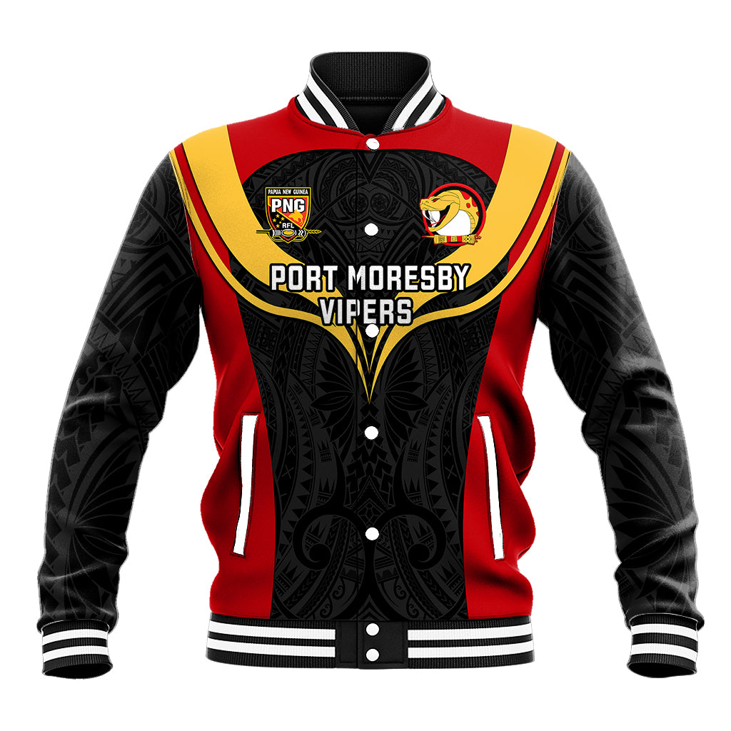 Custom Papua New Guinea Rugby Baseball Jacket Port Moresby Vipers PNG Polynesian Pattern LT14 Unisex Black - Polynesian Pride