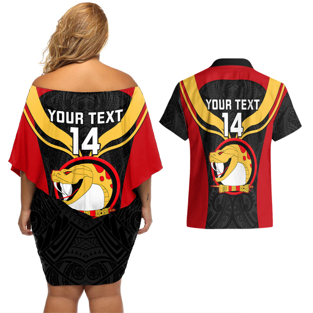 Custom Papua New Guinea Rugby Couples Matching Off Shoulder Short Dress and Hawaiian Shirt Port Moresby Vipers PNG Polynesian Pattern LT14 - Polynesian Pride