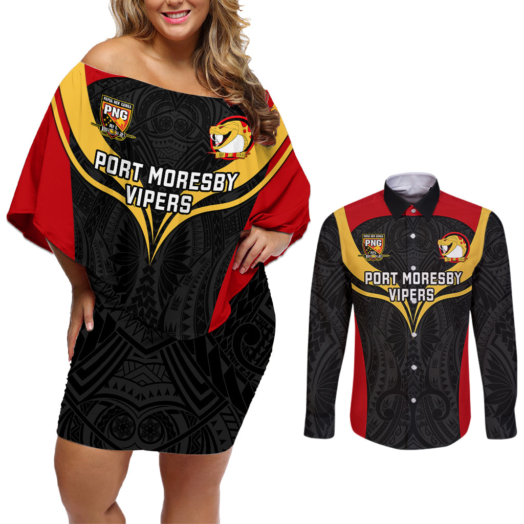 Custom Papua New Guinea Rugby Couples Matching Off Shoulder Short Dress and Long Sleeve Button Shirts Port Moresby Vipers PNG Polynesian Pattern LT14 Black - Polynesian Pride