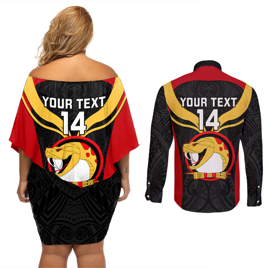 Custom Papua New Guinea Rugby Couples Matching Off Shoulder Short Dress and Long Sleeve Button Shirts Port Moresby Vipers PNG Polynesian Pattern LT14 - Polynesian Pride