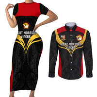 Custom Papua New Guinea Rugby Couples Matching Short Sleeve Bodycon Dress and Long Sleeve Button Shirts Port Moresby Vipers PNG Polynesian Pattern LT14 Black - Polynesian Pride