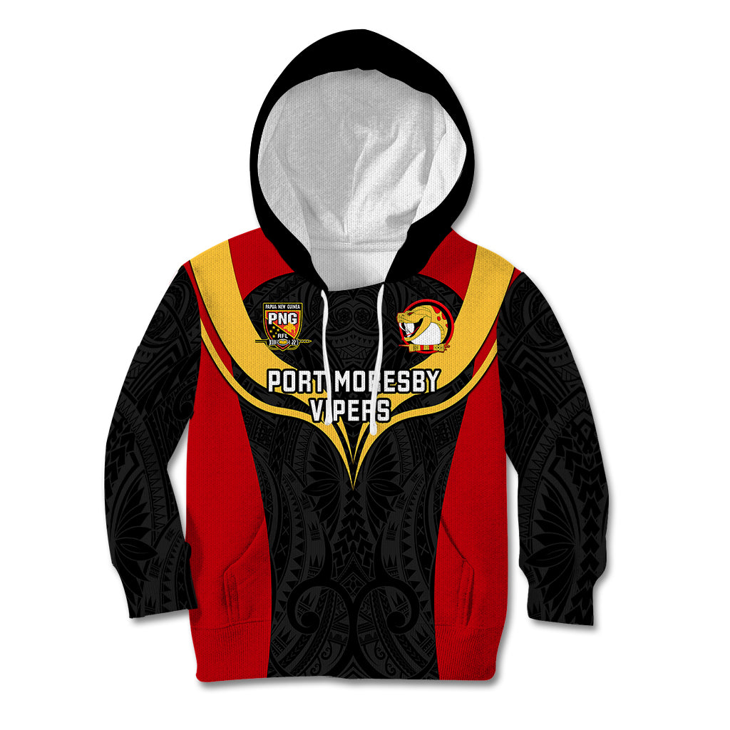 Custom Papua New Guinea Rugby Kid Hoodie Port Moresby Vipers PNG Polynesian Pattern LT14 Black - Polynesian Pride