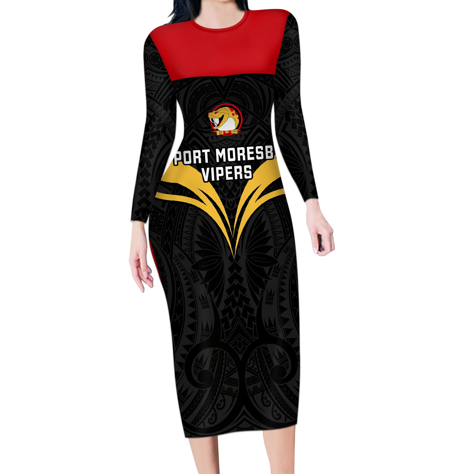 Custom Papua New Guinea Rugby Long Sleeve Bodycon Dress Port Moresby Vipers PNG Polynesian Pattern LT14 Long Dress Black - Polynesian Pride