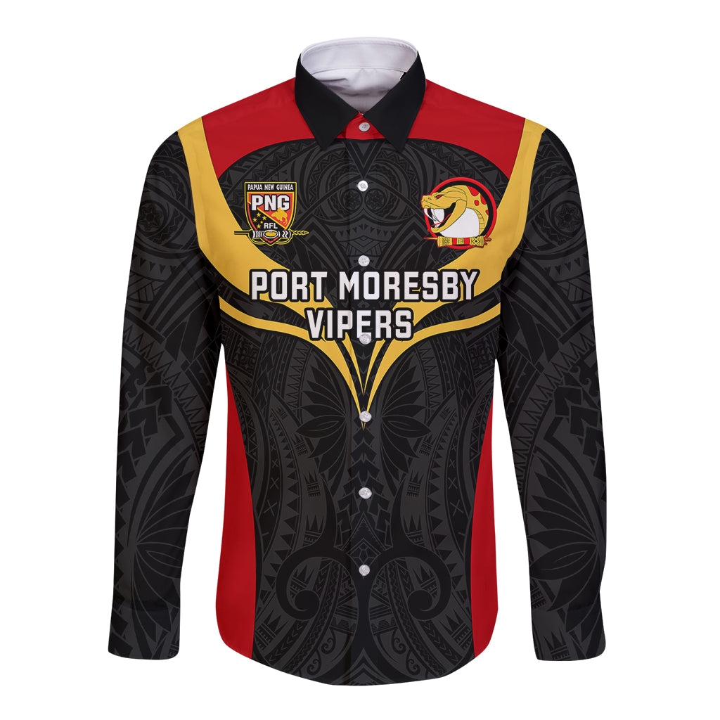 Custom Papua New Guinea Rugby Long Sleeve Button Shirt Port Moresby Vipers PNG Polynesian Pattern LT14 Unisex Black - Polynesian Pride