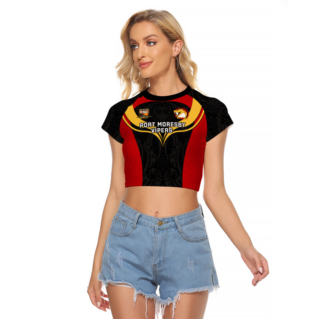 Custom Papua New Guinea Rugby Raglan Cropped T Shirt Port Moresby Vipers PNG Polynesian Pattern LT14 Female Black - Polynesian Pride