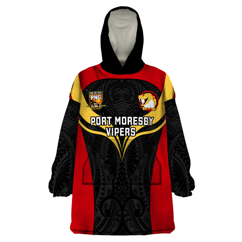 Custom Papua New Guinea Rugby Wearable Blanket Hoodie Port Moresby Vipers PNG Polynesian Pattern LT14 One Size Black - Polynesian Pride