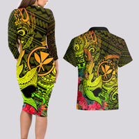 Hawaii Couples Matching Long Sleeve Bodycon Dress and Hawaiian Shirt Kanaka Map With Polynesian Shark Tattoo Reggae Unique LT14 - Polynesian Pride