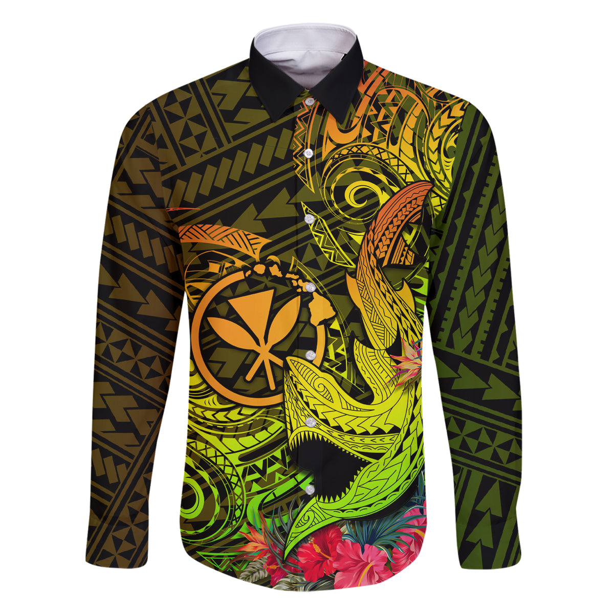 Hawaii Family Matching Off Shoulder Short Dress and Hawaiian Shirt Kanaka Map With Polynesian Shark Tattoo Reggae Unique LT14 Dad's Shirt - Long Sleeve Reggae - Polynesian Pride