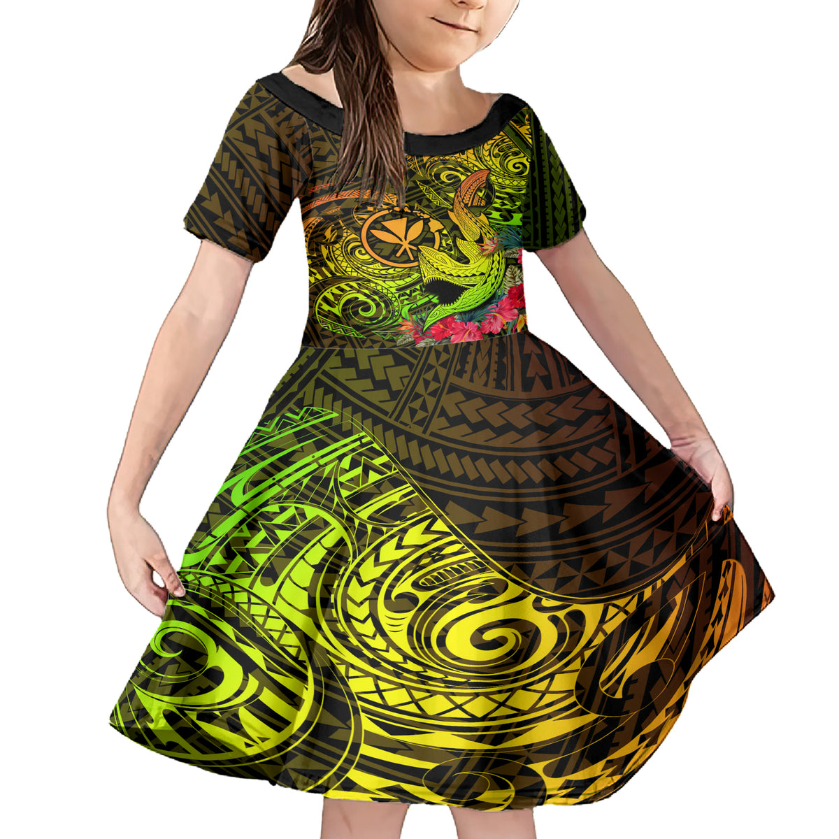 Hawaii Family Matching Short Sleeve Bodycon Dress and Hawaiian Shirt Kanaka Map With Polynesian Shark Tattoo Reggae Unique LT14 Daughter's Dress Reggae - Polynesian Pride
