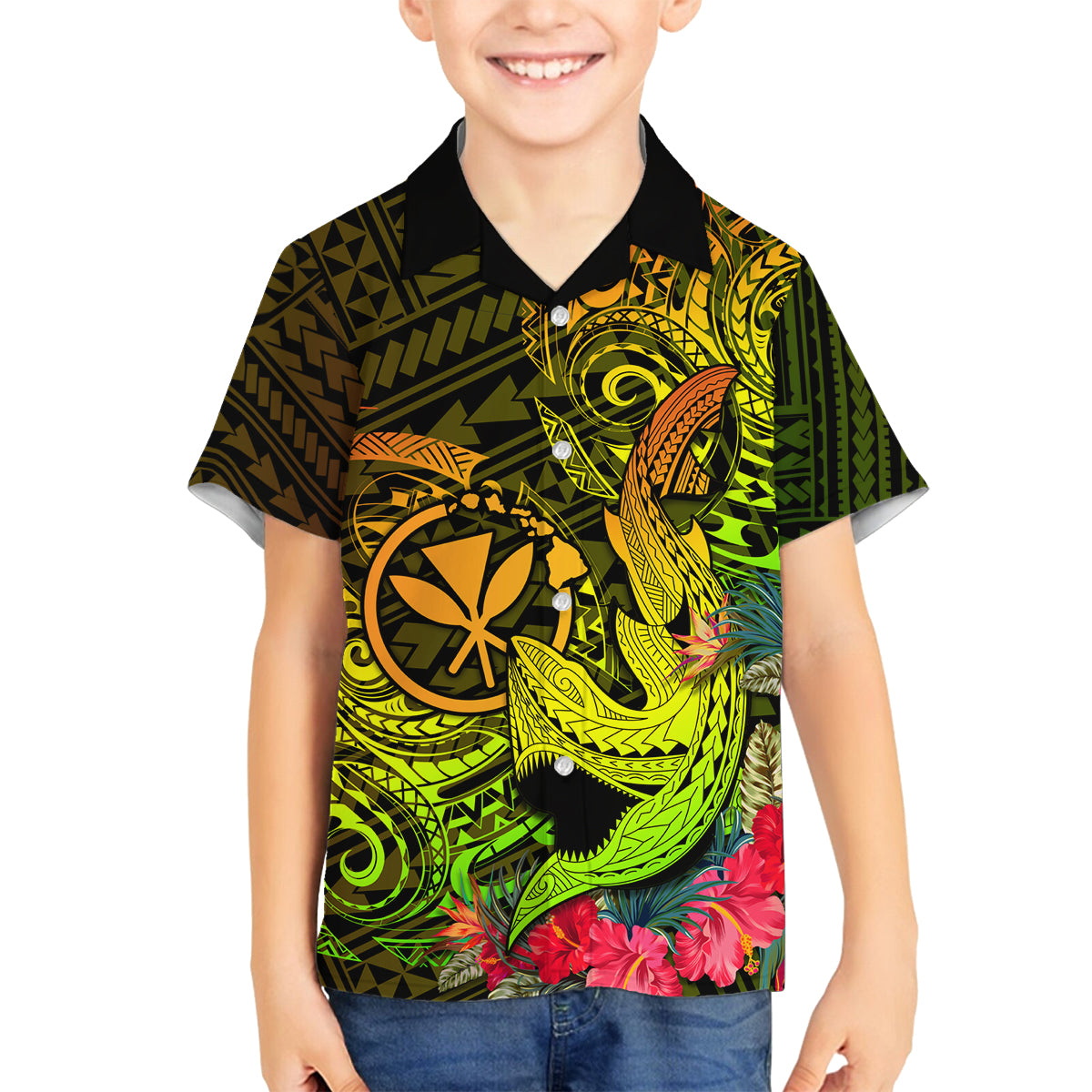 Hawaii Family Matching Tank Maxi Dress and Hawaiian Shirt Kanaka Map With Polynesian Shark Tattoo Reggae Unique LT14 Son's Shirt Reggae - Polynesian Pride