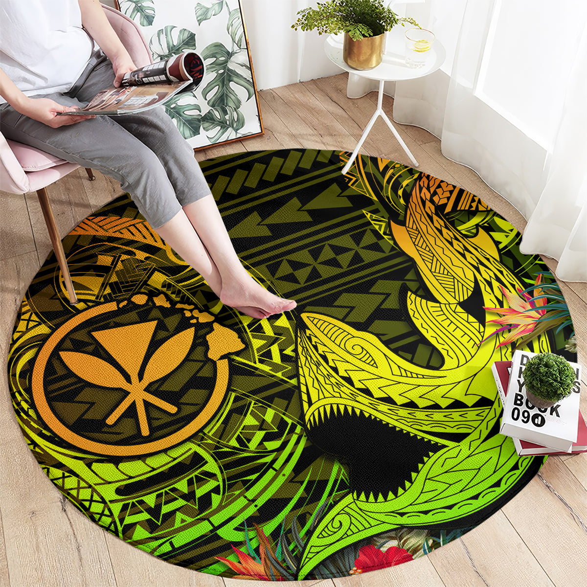 Hawaii Round Carpet Kanaka Map With Polynesian Shark Tattoo Reggae Unique LT14 - Polynesian Pride