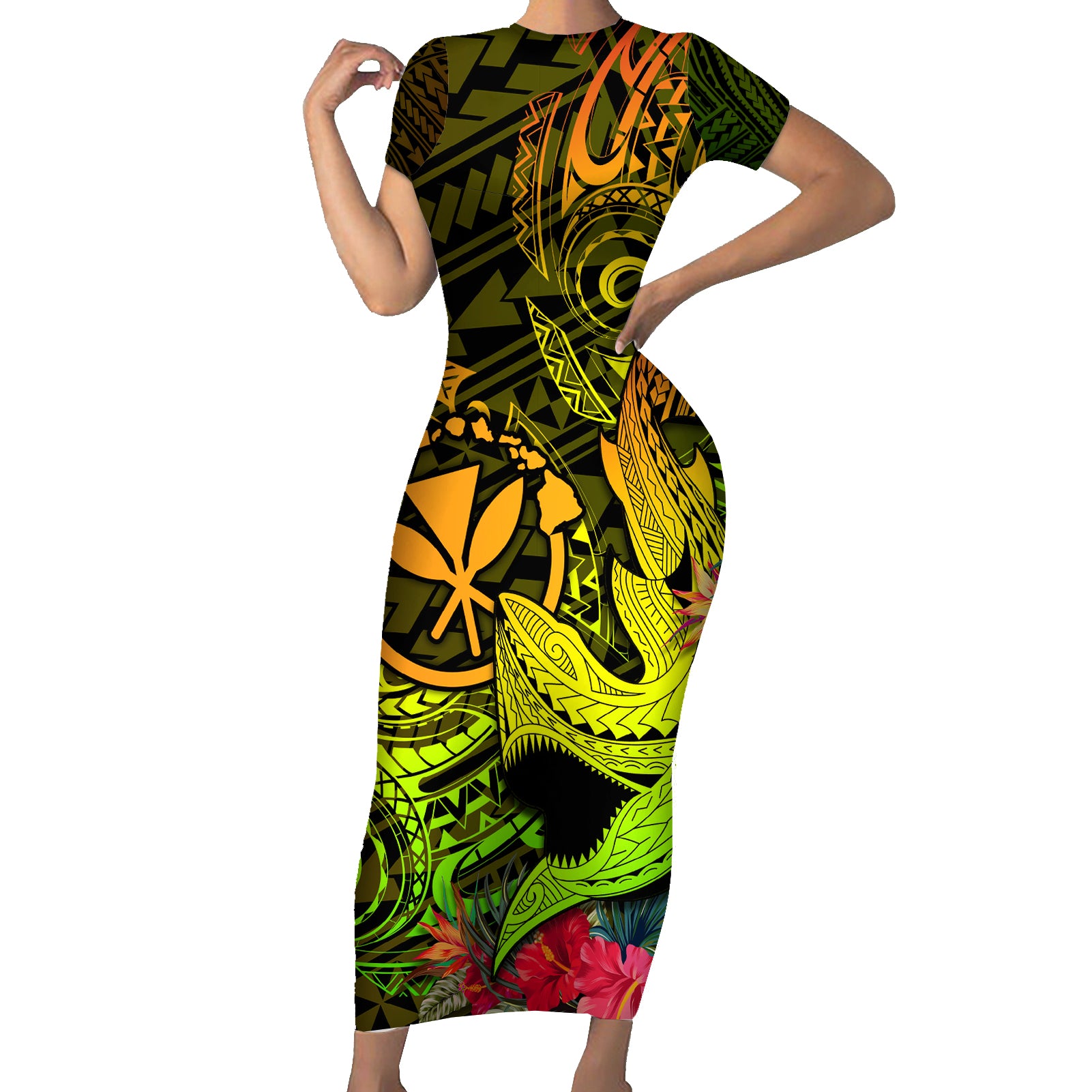 Hawaii Short Sleeve Bodycon Dress Kanaka Map With Polynesian Shark Tattoo Reggae Unique LT14 Long Dress Reggae - Polynesian Pride