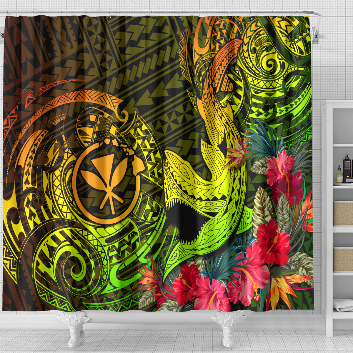 Hawaii Shower Curtain Kanaka Map With Polynesian Shark Tattoo Reggae Unique LT14 - Polynesian Pride