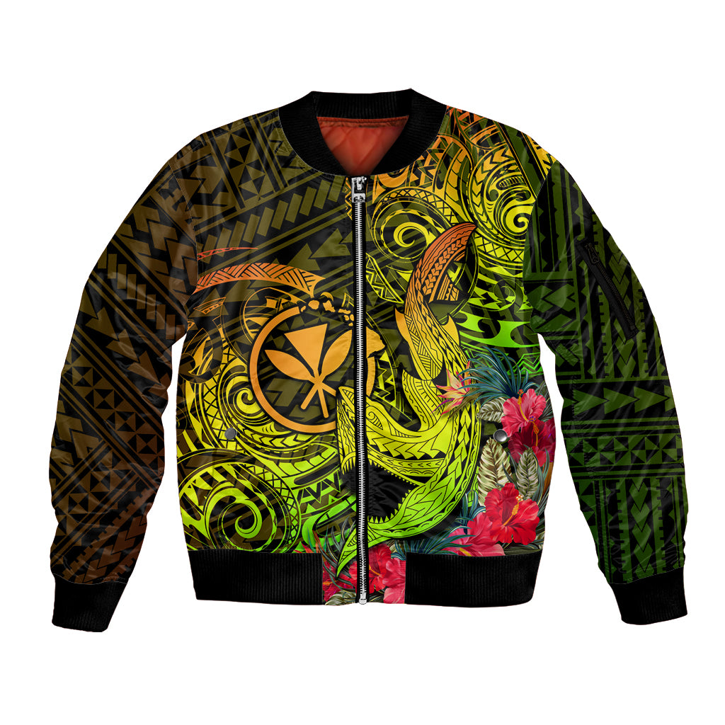 Hawaii Sleeve Zip Bomber Jacket Kanaka Map With Polynesian Shark Tattoo Reggae Unique LT14 Unisex Reggae - Polynesian Pride