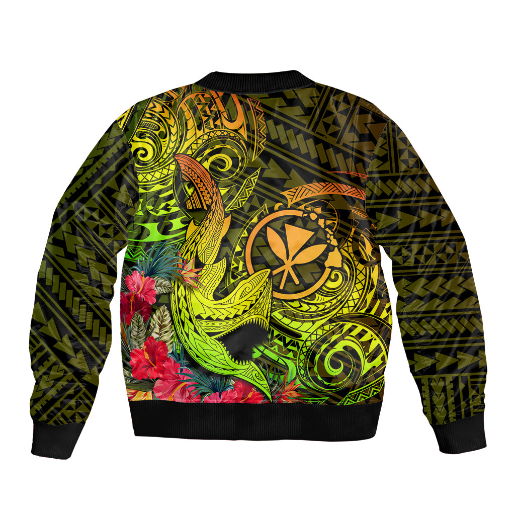 Hawaii Sleeve Zip Bomber Jacket Kanaka Map With Polynesian Shark Tattoo Reggae Unique LT14 - Polynesian Pride