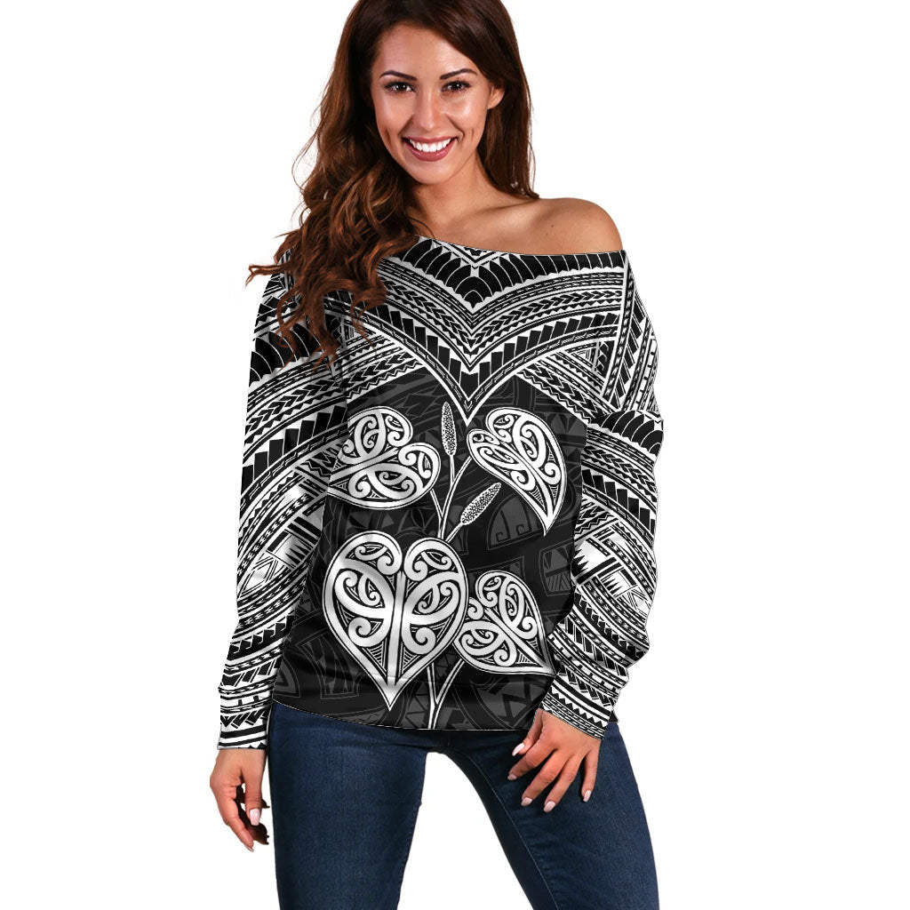 Black New Zealand Kawakawa Maori Ngaru Off Shoulder Sweater LT14 Women Black - Polynesian Pride