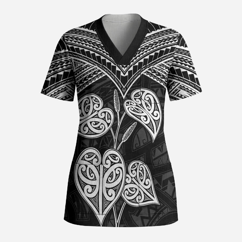 Black New Zealand Kawakawa Maori Ngaru Scrub Top