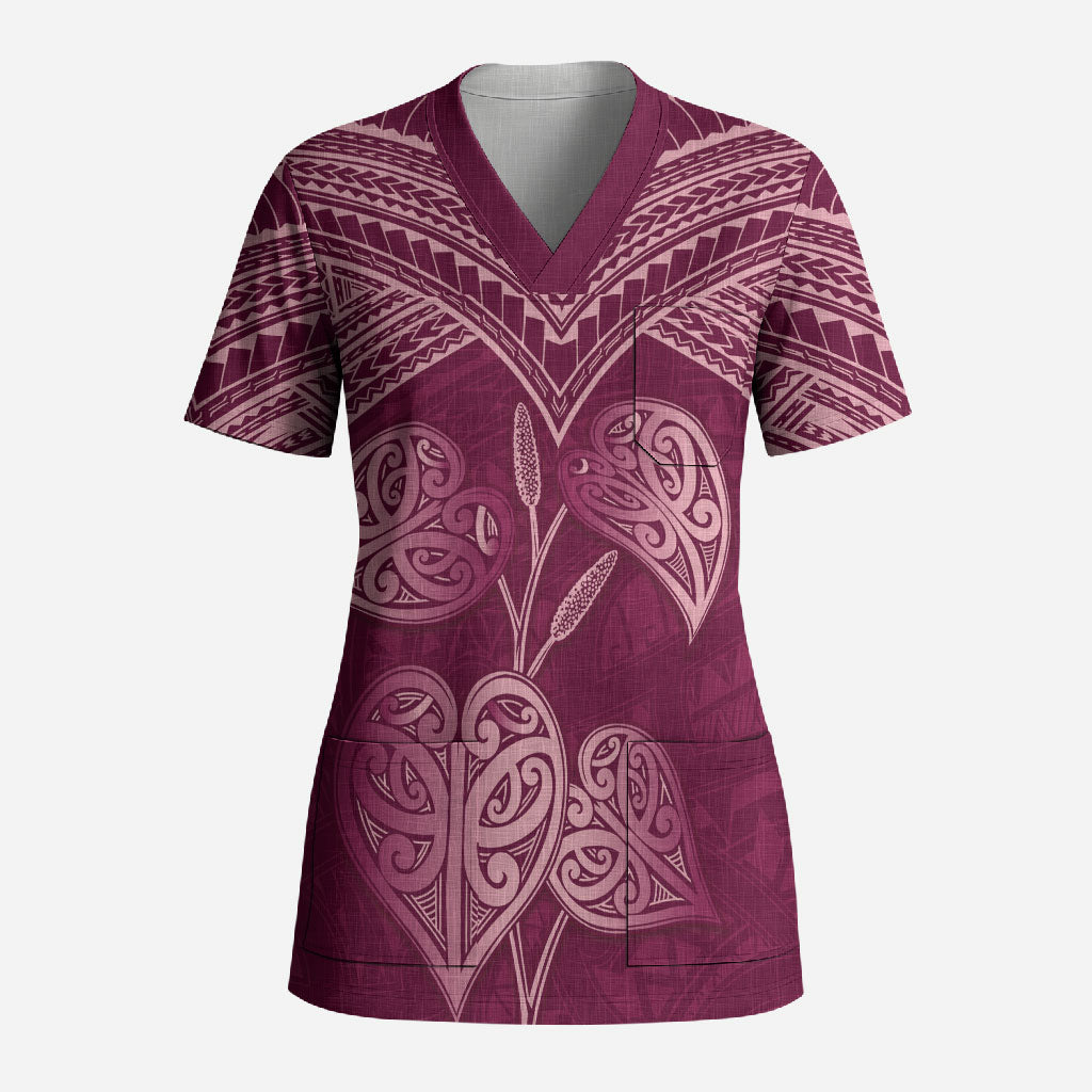 Burgundy New Zealand Kawakawa Maori Ngaru Scrub Top