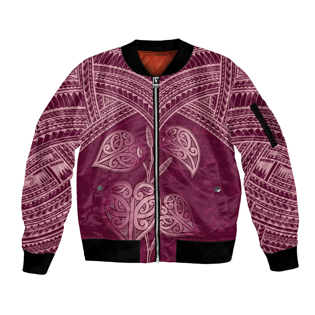 Burgundy New Zealand Kawakawa Maori Ngaru Sleeve Zip Bomber Jacket LT14 Unisex Burgundy - Polynesian Pride