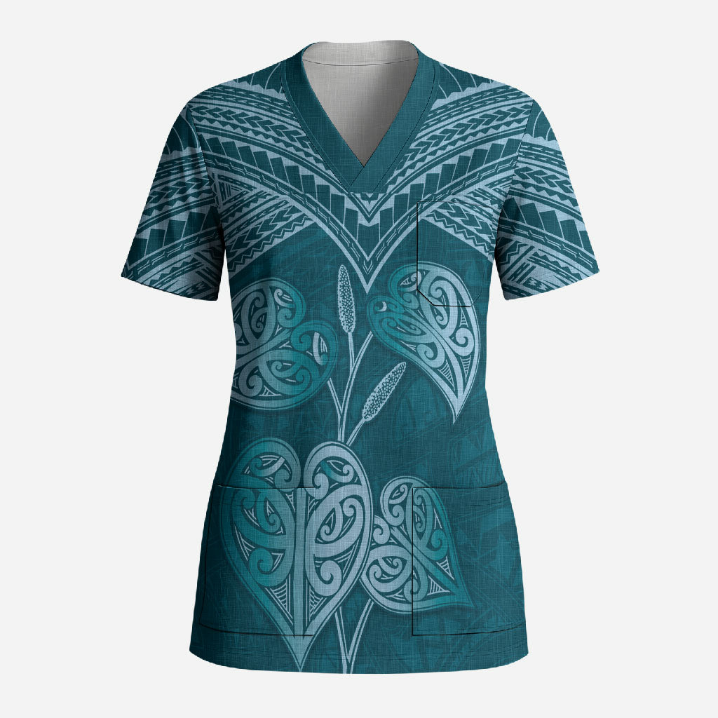 Cyan New Zealand Kawakawa Maori Ngaru Scrub Top