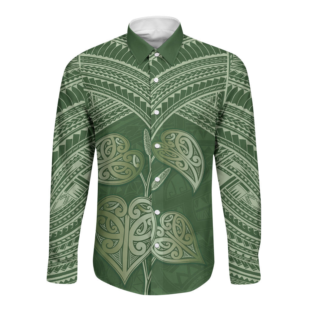 Green New Zealand Kawakawa Maori Ngaru Long Sleeve Button Shirt LT14 Unisex Green - Polynesian Pride