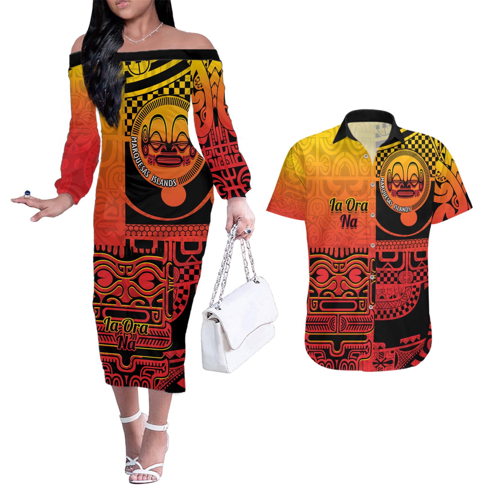 Personalised Ia Ora Na Marquesas Islands Couples Matching Off The Shoulder Long Sleeve Dress and Hawaiian Shirt Mata Tiki Marquesan Tattoo LT14 Red - Polynesian Pride
