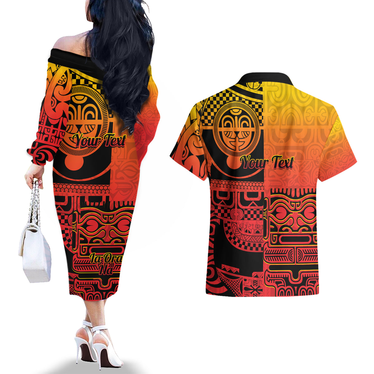 Personalised Ia Ora Na Marquesas Islands Couples Matching Off The Shoulder Long Sleeve Dress and Hawaiian Shirt Mata Tiki Marquesan Tattoo LT14 - Polynesian Pride